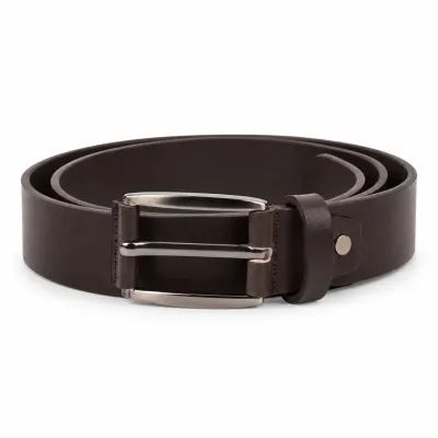 Ceinture homme en cuir marron foncé 100 %, largeur 35 mm, avec boucle métallique argentée et design classique élégant.