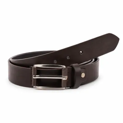 Ceinture homme en cuir marron foncé 100 %, largeur 35 mm, avec boucle métallique argentée et design classique élégant.