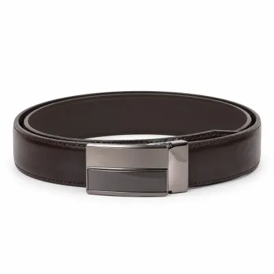Ceinture homme en cuir marron foncé 100 %, largeur 35 mm, avec surpiqûres discrètes et boucle automatique rectangulaire