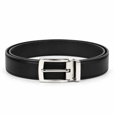 Ceinture homme en cuir noir 100 %, largeur 30 mm, avec surpiqûres discrètes et boucle classique en métal argenté.