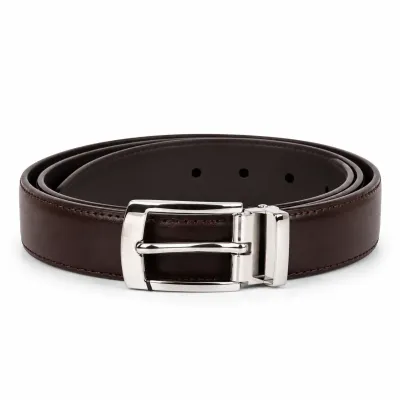 Ceinture homme en cuir marron foncé 100 %, largeur 30 mm, avec surpiqûres discrètes et boucle classique en métal argenté.