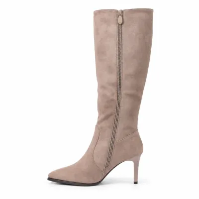 Bottes hautes femme taupe effet suédine, tige de 35 cm, talon fin de 8 cm, fermeture zippée latérale