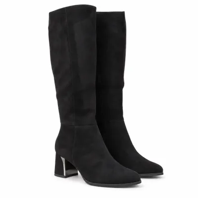Bottes hautes femme Noir effet suédine avec talon bloc de 6 cm, détail décoratif Argenté, tige de 37 cm et fermeture zippée