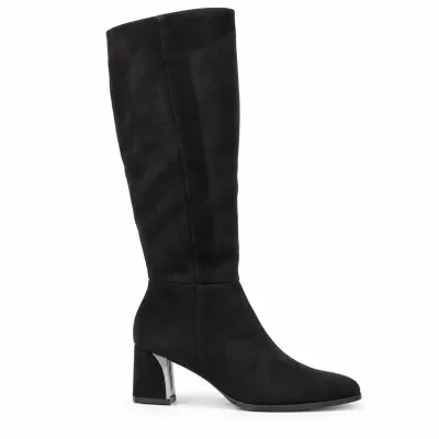 Bottes hautes femme Noir effet suédine avec talon bloc de 6 cm, détail décoratif Argenté, tige de 37 cm et fermeture zippée