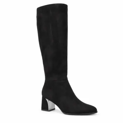 Bottes hautes femme Noir effet suédine avec talon bloc de 6 cm, détail décoratif Argenté, tige de 37 cm et fermeture zippée