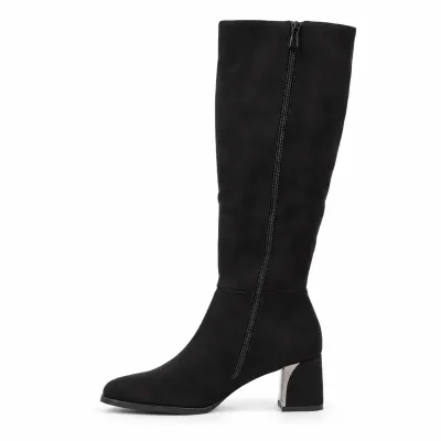 Bottes hautes femme Noir effet suédine avec talon bloc de 6 cm, détail décoratif Argenté, tige de 37 cm et fermeture zippée