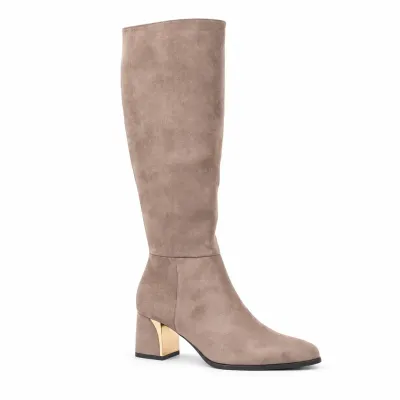 Bottes hautes femme taupe effet suédine avec talon bloc de 6 cm, détail décoratif doré, tige de 37 cm et fermeture zippée