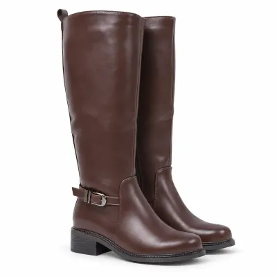Bottes hautes femme marron foncé en matière synthétique, talon bas de 4 cm, tige de 37 cm, fermeture zippée