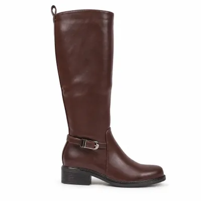 Bottes hautes femme marron foncé en matière synthétique, talon bas de 4 cm, tige de 37 cm, fermeture zippée