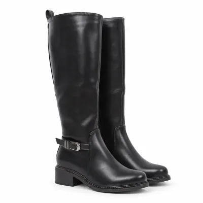 Bottes hautes femme noires en matière synthétique, talon bas de 4 cm, tige de 37 cm, fermeture zippée