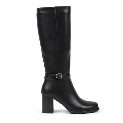 Bottes hautes noires pour femme en matière synthétique, talon bloc de 7 cm, tige de 35 cm, zip latéral
