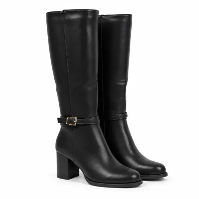 Bottes hautes noires pour femme en matière synthétique, talon bloc de 7 cm, tige de 35 cm, zip latéral