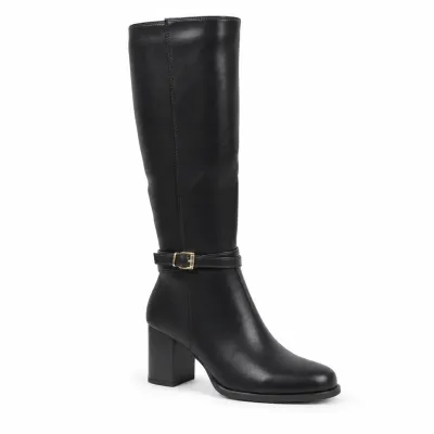 Bottes hautes noires pour femme en matière synthétique, talon bloc de 7 cm, tige de 35 cm, zip latéral