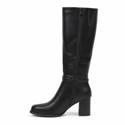 Bottes hautes noires pour femme en matière synthétique, talon bloc de 7 cm, tige de 35 cm, zip latéral