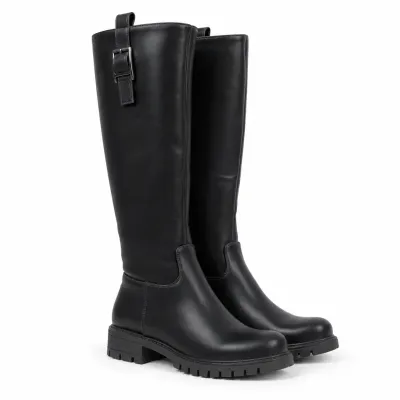 Bottes hautes noires pour femme en matière synthétique, tige de 37 cm, talon de 4 cm, semelle crantée en caoutchouc
