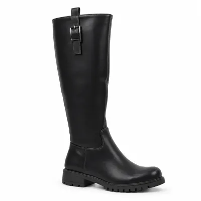 Bottes hautes noires pour femme en matière synthétique, tige de 37 cm, talon de 4 cm, semelle crantée en caoutchouc