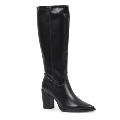 Bottes hautes noires pour femme avec tige synthétique lisse de 37 cm, talon bloc de 9 cm et fermeture zippée latérale.