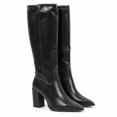 Bottes hautes noires pour femme avec tige synthétique lisse de 37 cm, talon bloc de 9 cm et fermeture zippée latérale.