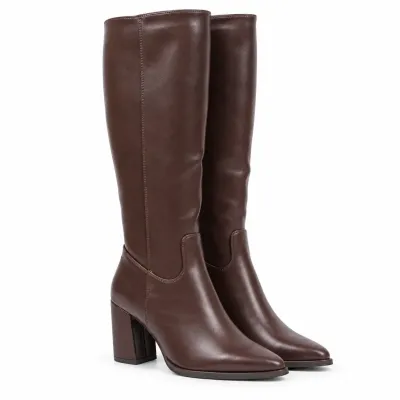 Bottes hautes marron foncé pour femme avec tige synthétique lisse de 37 cm, talon bloc de 9 cm et fermeture zippée latérale.