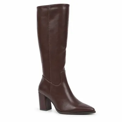 Bottes hautes marron foncé pour femme avec tige synthétique lisse de 37 cm, talon bloc de 9 cm et fermeture zippée latérale.