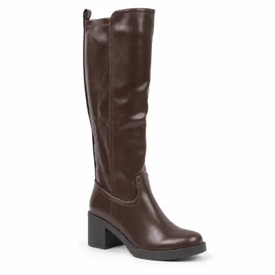 Bottes hautes femme marron foncé à finition lisse, tige de 35 cm, talon bloc de 7 cm et semelle épaisse en caoutchouc.