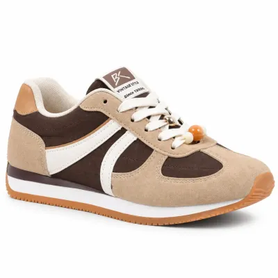 Baskets femme beige et marron avec détails blancs et semelle camel – S-SK09-K