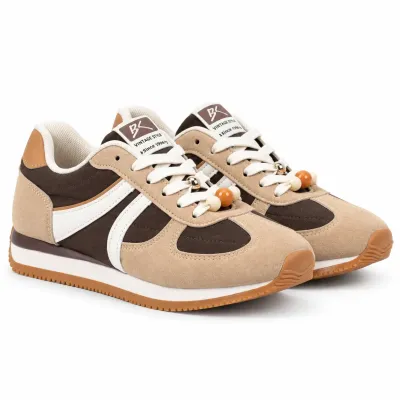 Baskets femme beige et marron avec détails blancs et semelle camel – S-SK09-K
