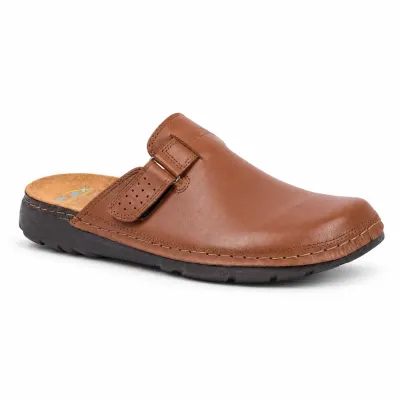 Mule OCEAN OC-1050-C pour homme en cuir cognac, avec bride latérale perforée