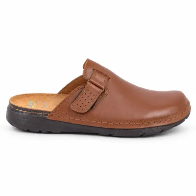 Mule OCEAN OC-1050-C pour homme en cuir cognac, avec bride latérale perforée