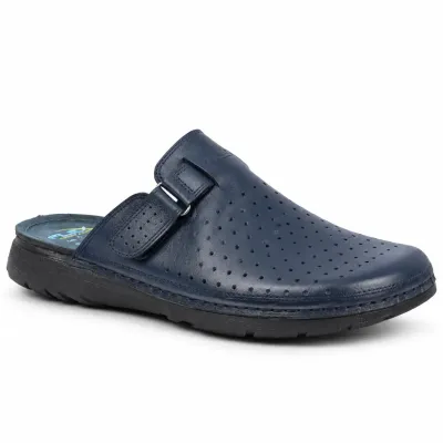 Mule OCEAN OC-1050P-BM pour homme en cuir bleu marine perforé, avec bride latérale ajustable