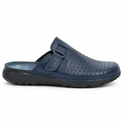 Mule OCEAN OC-1050P-BM pour homme en cuir bleu marine perforé, avec bride latérale ajustable