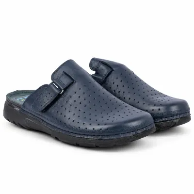 Mule OCEAN OC-1050P-BM pour homme en cuir bleu marine perforé, avec bride latérale ajustable