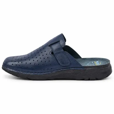 Mule OCEAN OC-1050P-BM pour homme en cuir bleu marine perforé, avec bride latérale ajustable