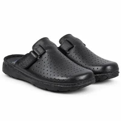 Mule OCEAN OC-1050P-N noire pour homme en cuir perforé, avec bride latérale ajustable