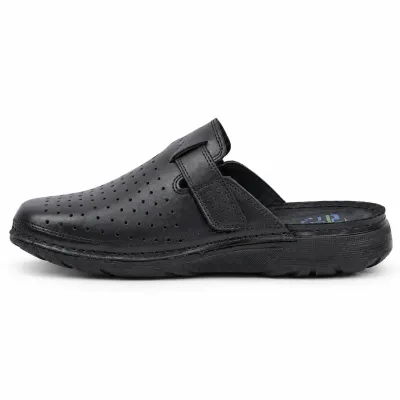 Mule OCEAN OC-1050P-N noire pour homme en cuir perforé, avec bride latérale ajustable