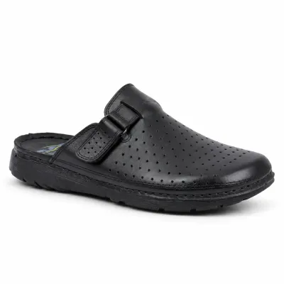 Mule OCEAN OC-1050P-N noire pour homme en cuir perforé, avec bride latérale ajustable