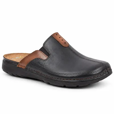 Mule OCEAN OC-1054-M pour homme en cuir noir avec empiècements marron