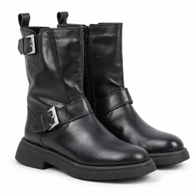 Boots femme Andrea Bruni AB-S-4-N en cuir noir, vue intérieure avec fermeture éclair latérale, brides à boucles métalliques