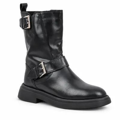 Boots femme Andrea Bruni AB-S-4-N en cuir noir, vue intérieure avec fermeture éclair latérale, brides à boucles métalliques