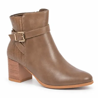 Boots femme LOV'IT LT-FR689-K taupe, vue extérieure avec empiècements effet croco, bride à boucle dorée et talon bloc de 6 cm.