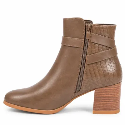 Boots femme LOV'IT LT-FR689-K taupe, vue extérieure avec empiècements effet croco, bride à boucle dorée et talon bloc de 6 cm.