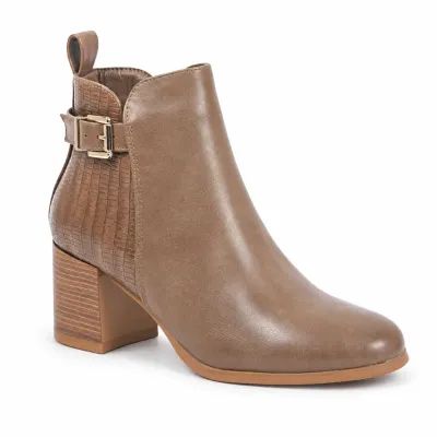 Boots femme LOV'IT LT-FR691-K taupe, vue extérieure avec empiècements effet croco, bride à boucle dorée et talon bloc de 6 cm.