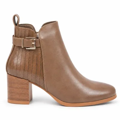 Boots femme LOV'IT LT-FR691-K taupe, vue extérieure avec empiècements effet croco, bride à boucle dorée et talon bloc de 6 cm.