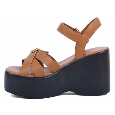 Sandale compensée femme en cuir camel Andrea Bruni modèle AB-7030-1-C Sandale compensée femme en cuir camel Andrea Bruni modèle AB-7030-1-C