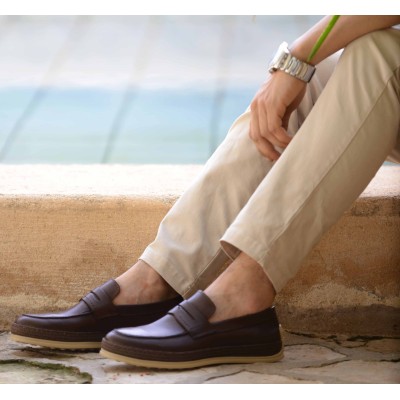 Chaussures homme ELITO EL-2530-CM en cuir lisse marron chocolat, mocassin élégant avec semelle tressée