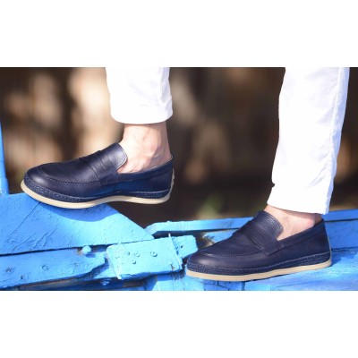 Chaussures homme ELITO EL-2530-CBM en cuir lisse bleu marine, mocassin élégant avec semelle tressée