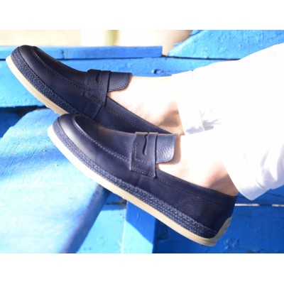 Chaussures homme ELITO EL-2530-CBM en cuir lisse bleu marine, mocassin élégant avec semelle tressée