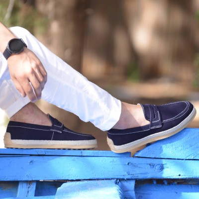 Chaussures homme ELITO EL-2530-D-BM en cuir suédé bleu marine, mocassin élégant avec semelle tressée