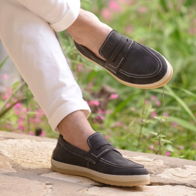 Chaussures homme ELITO EL-2530-D-VTF en cuir suédé vert foncé, mocassin élégant avec semelle tressée