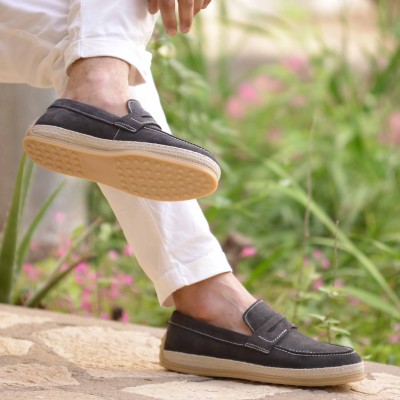 Chaussures homme ELITO EL-2530-D-VTF en cuir suédé vert foncé, mocassin élégant avec semelle tressée